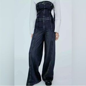 Zara Strapless Denim Jumpsuit | Wide Leg | Tie Belt